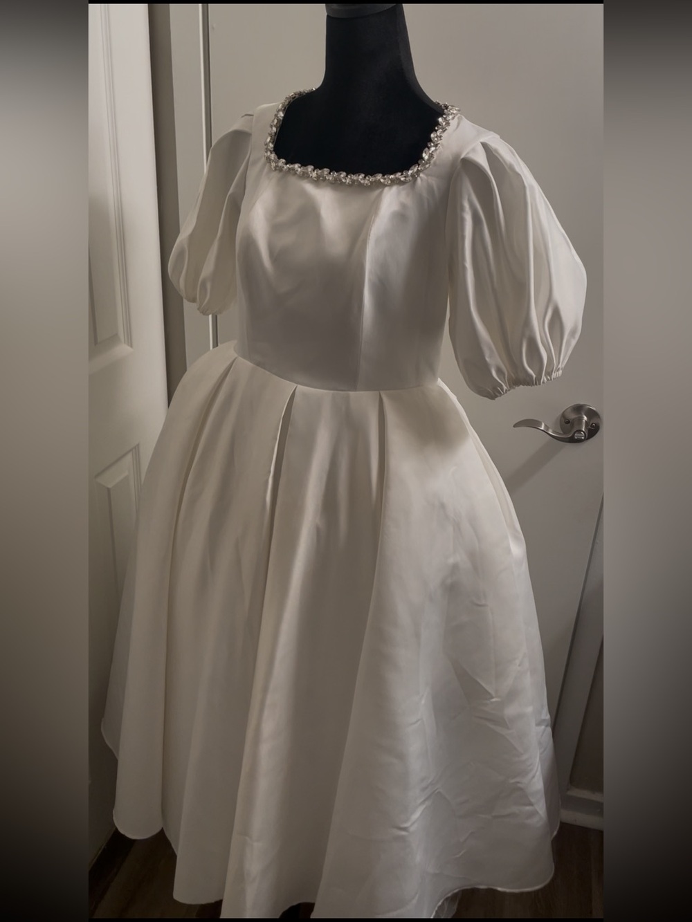 Classic Ivory Satin Puff Sleeve Bridal Dress with Beaded Square Neck